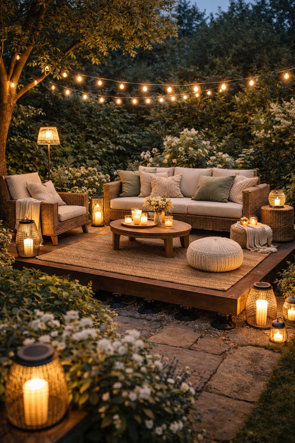 Un extérieur très décoré avec une guirlande passant au dessus de la terrasse et des bougies dans des lanternes autour du mobilier de jardin