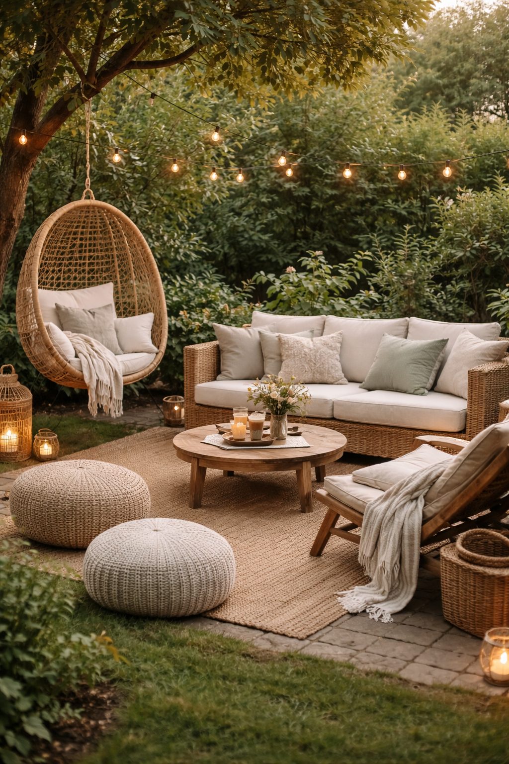 Un mobilier de jardin sur une terrasse en bois avec une chaise suspendue à un arbre créent un endroit cocooning dans le jardin