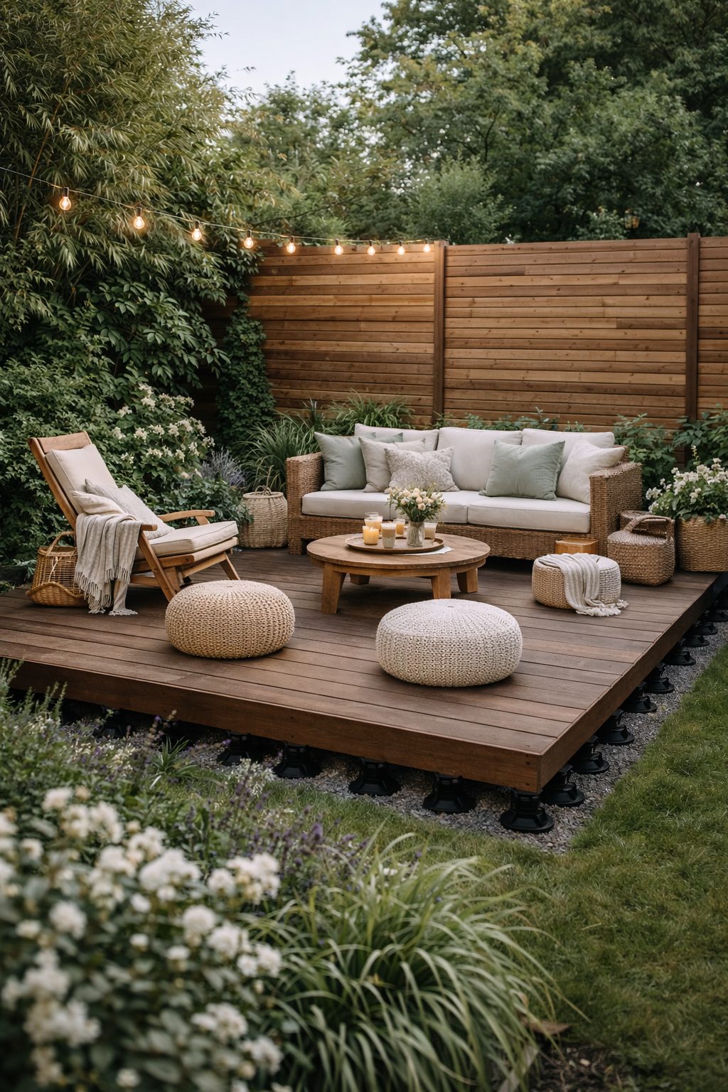 Une belle terrasse en bois avec du mobilier de jardin posé dessus, une clôture en bois derrière et une guirlande pour créer un espace cocooning à l'extérieur