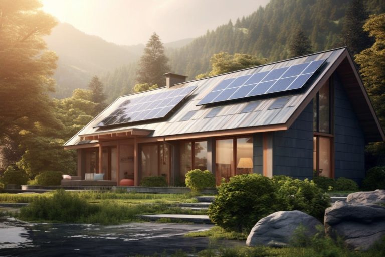 Une grande maison avec des panneaux solaires sur le toit, derrière un paysage de montagne avec des arbres