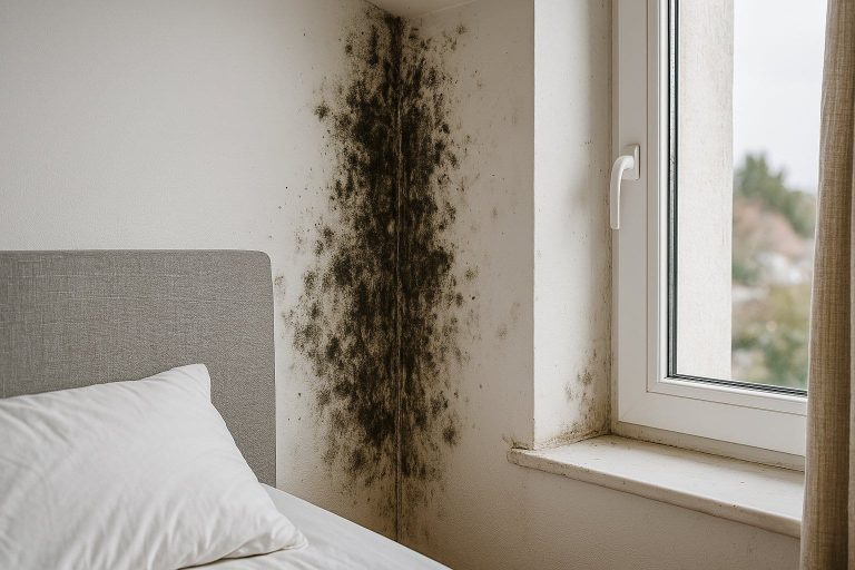 Une grande trace de moisissure dans la chambre d'une maison, sur un mur