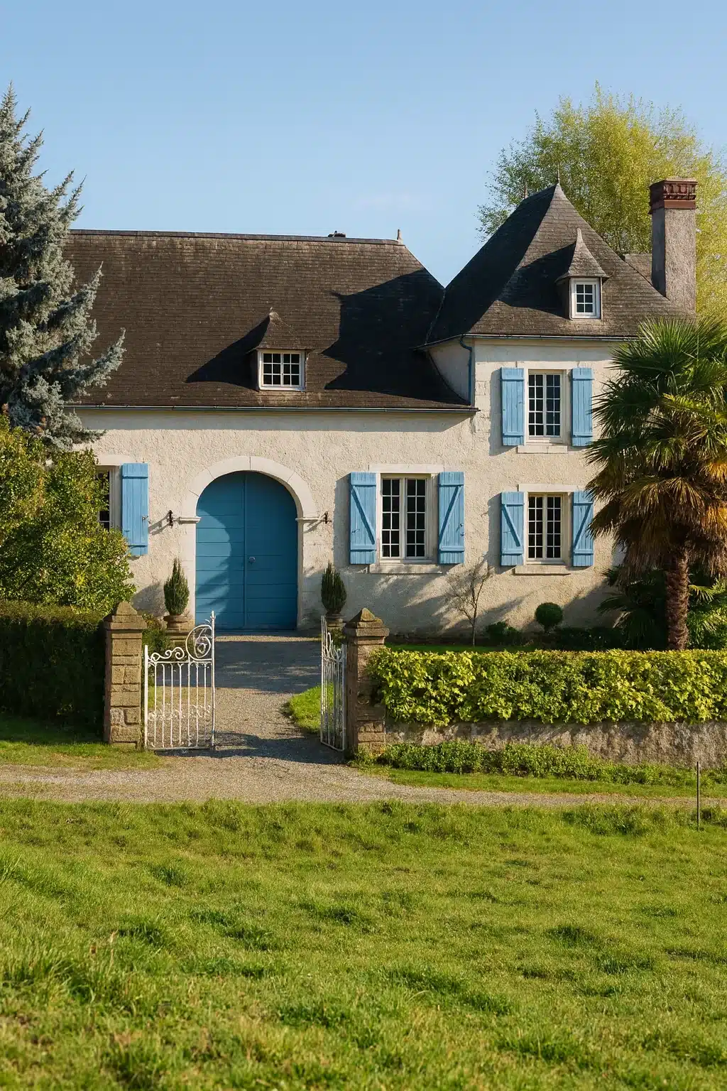 Photo d'une façade d'une maison béarnaise avec des volets bleus