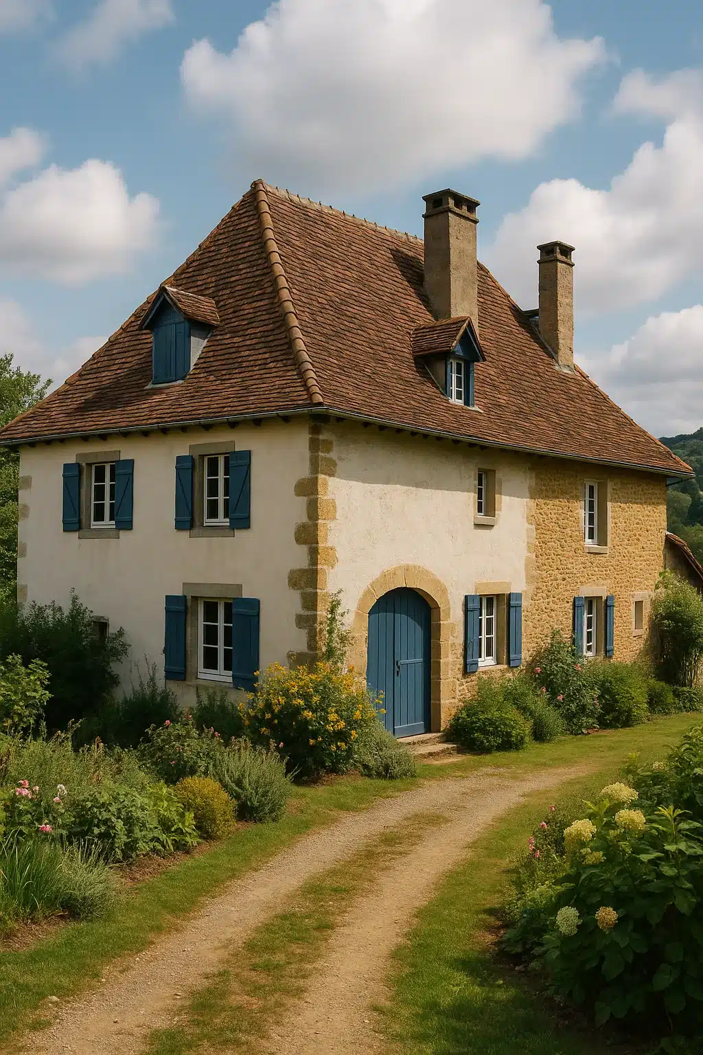 Photo d'une maison typique de la région béarnaise avec des volets bleus
