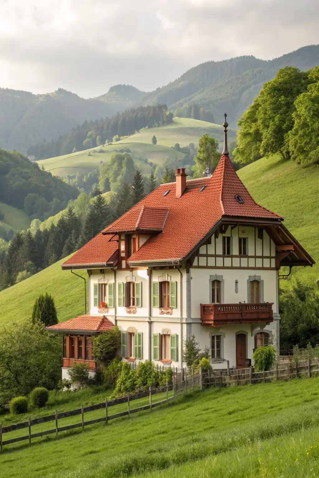 Photo d'une maison béarnaise dans la montagne avec toit rouge
