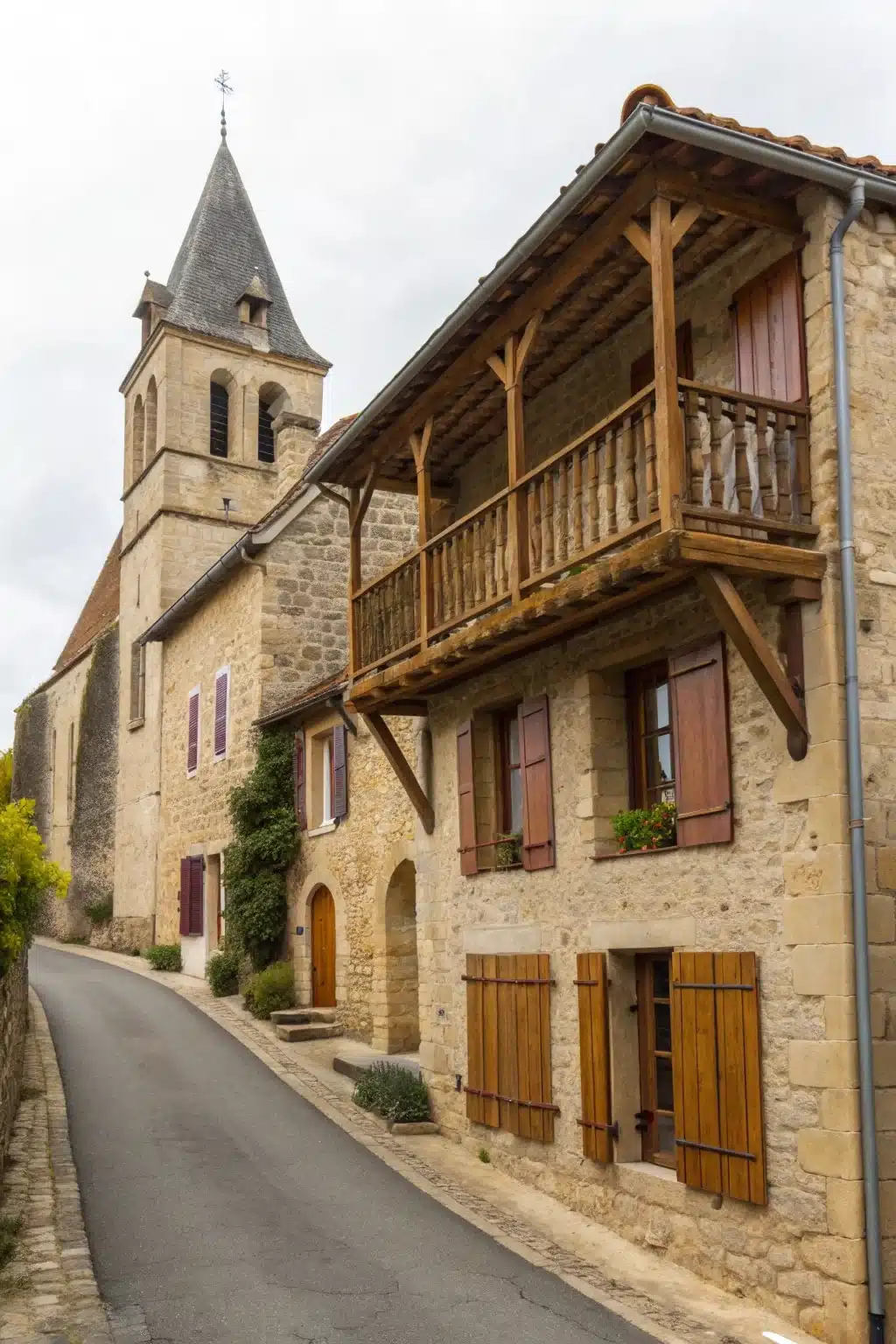 Façade de maison béarnaise avec son balcon dans une ancienne ruelle