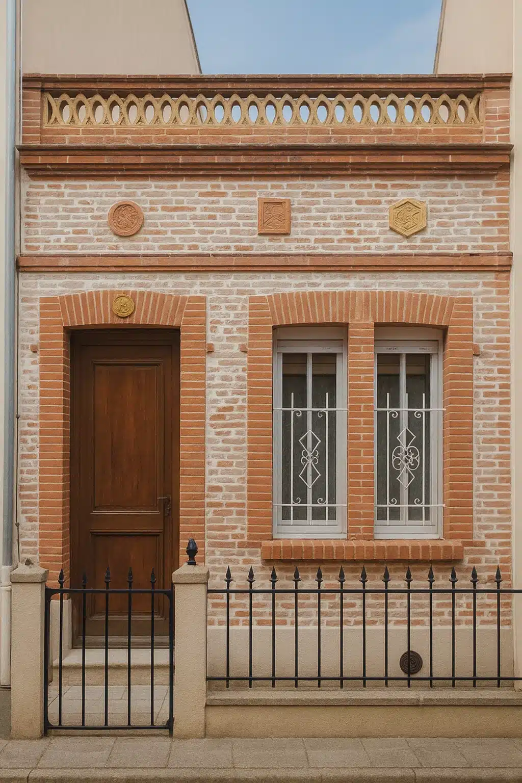 Maison toulousaine avec une clôture et une fenêtre et des décorations sur la façade