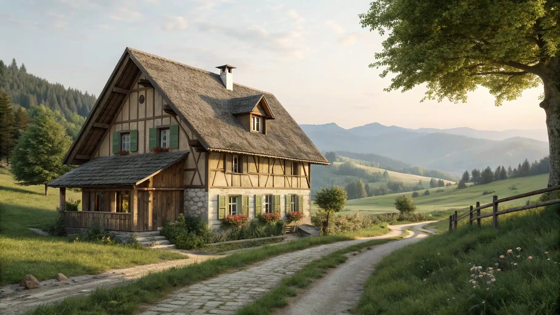 Chaumière avec une route devant