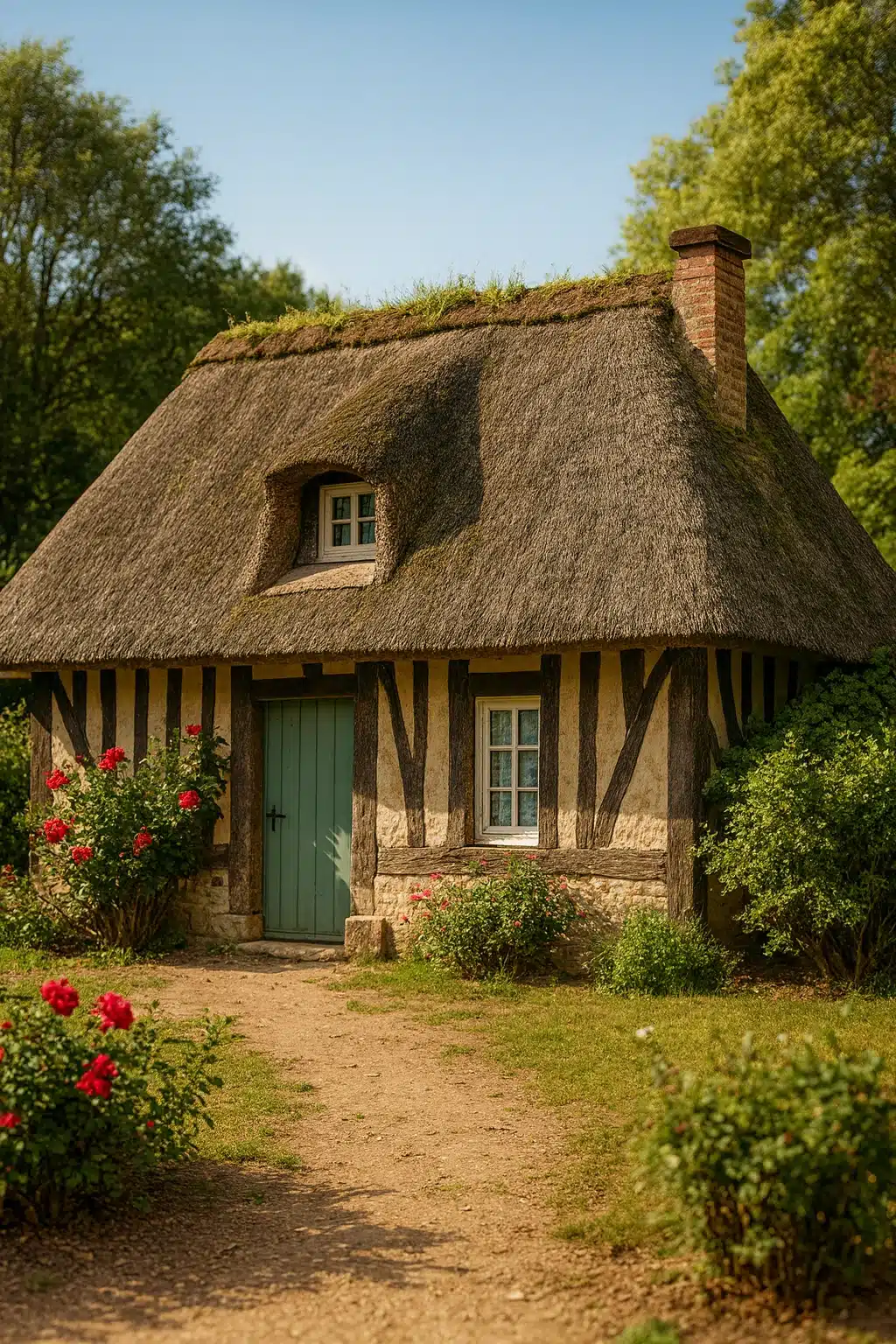 Façade de chaumière avec des fleurs
