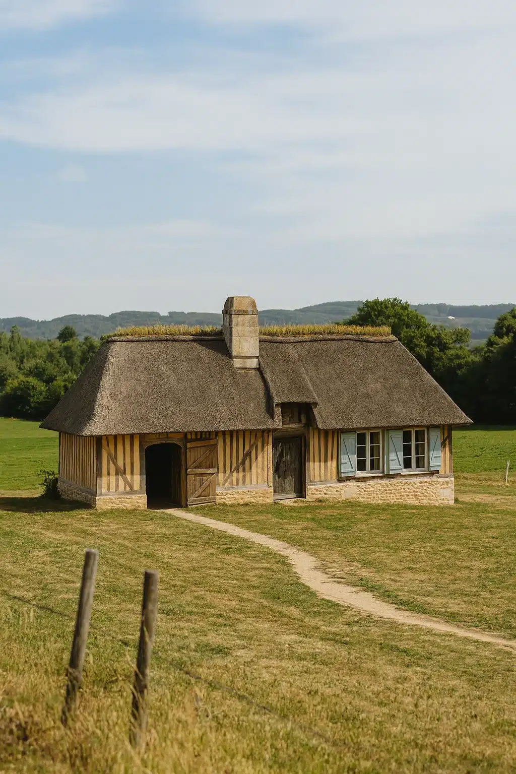 Chaumière avec des volets bleus et une clôture