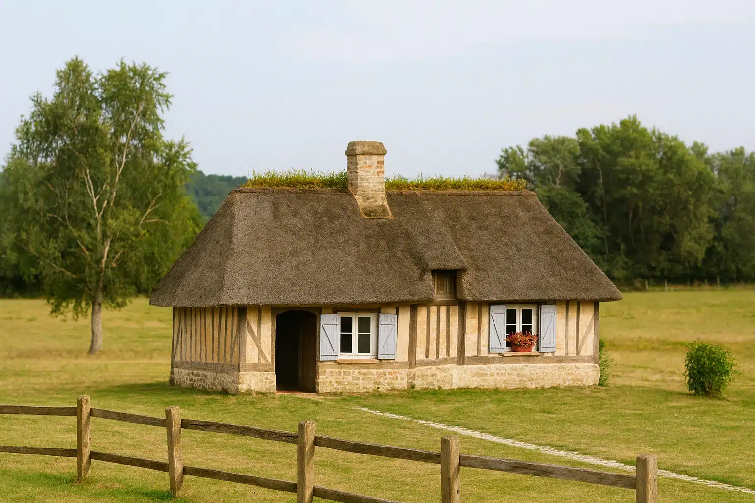 Chaumière vue éloignée en campagne