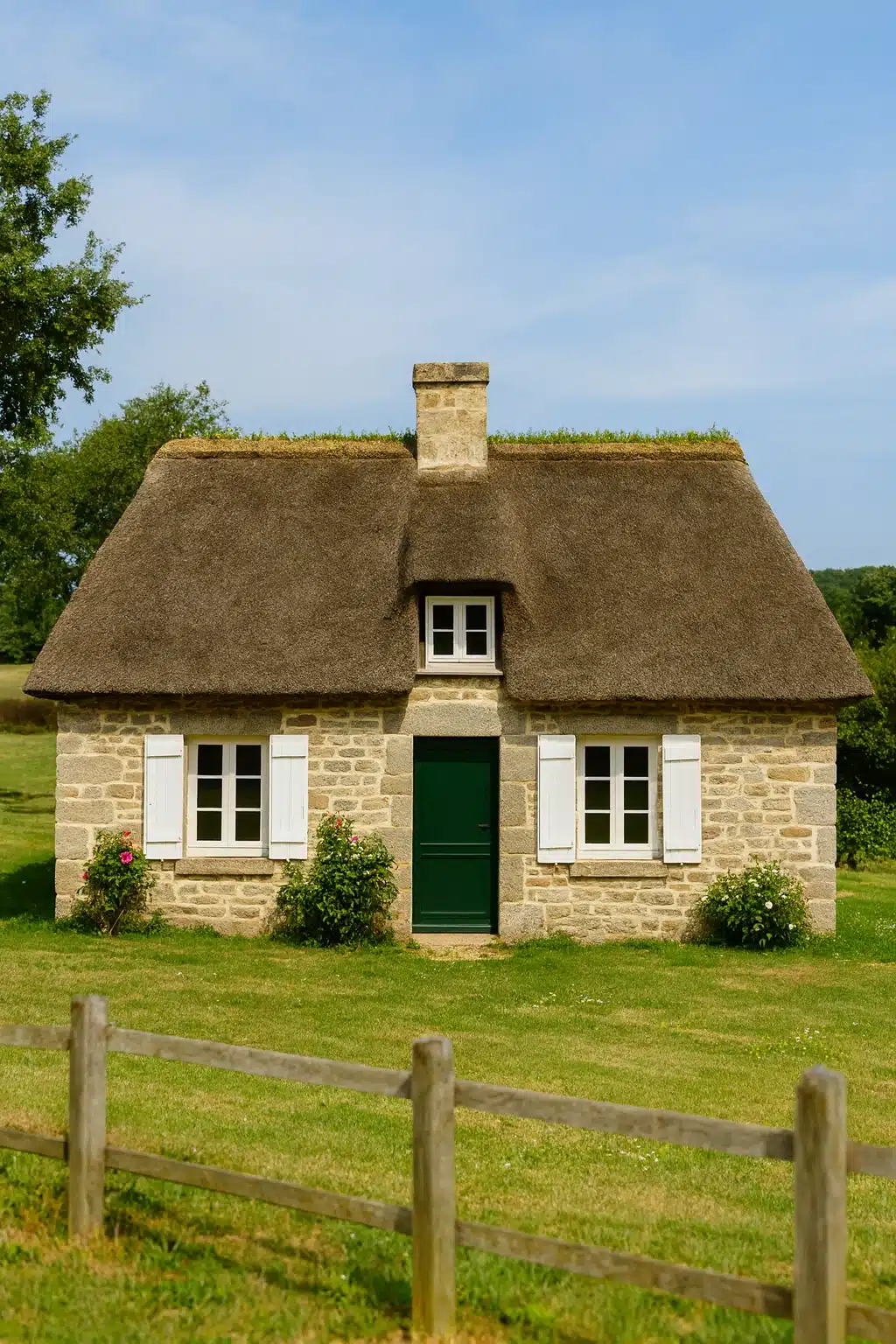 Chaumière avec des volets blancs