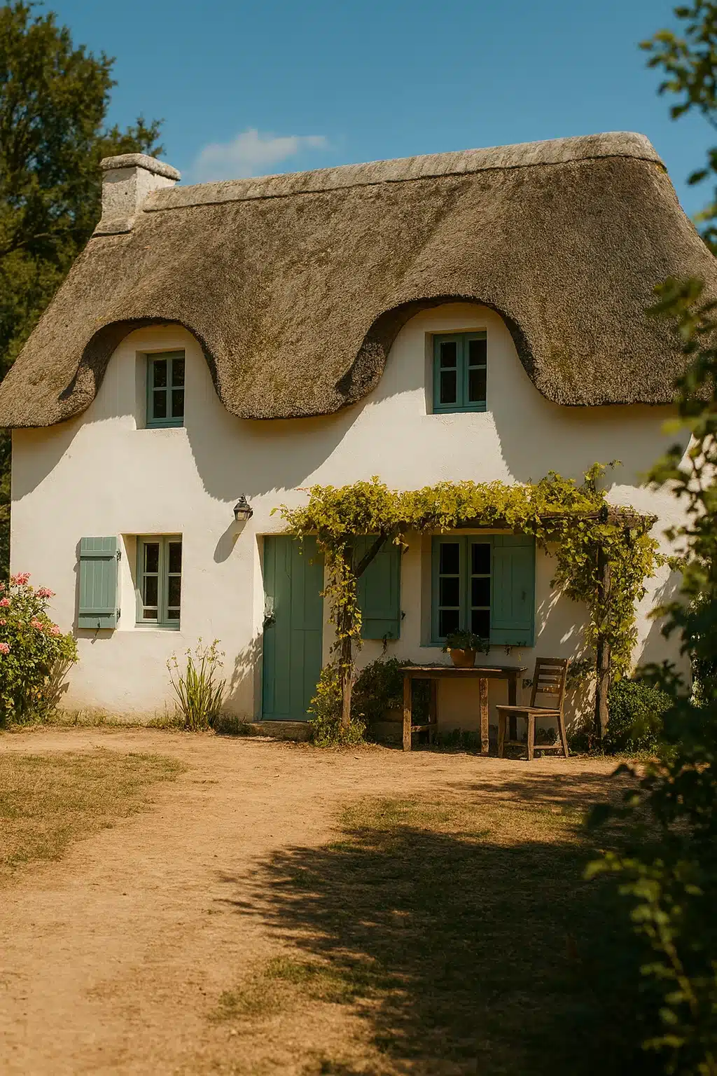 Chaumière avec une façade blanche