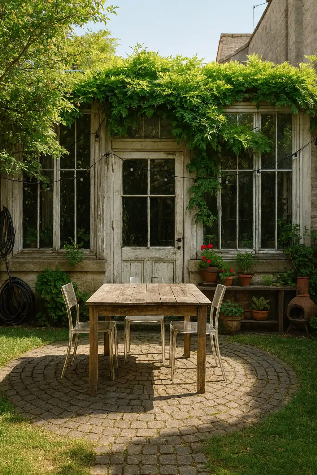 Jardin avec une table d'une échoppe bordelaise