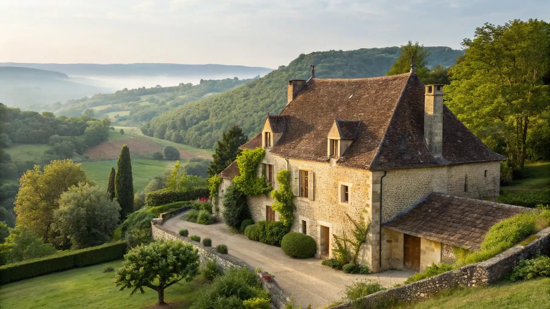 Maison périgourdine dans une vallée vue de loin