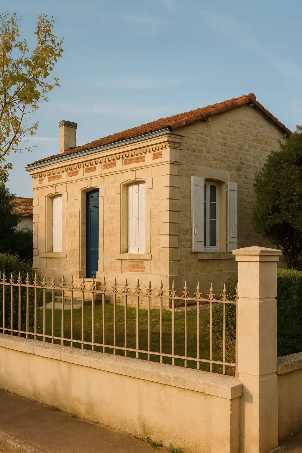 Echoppe bordelaise vue de la rue avec des arbres