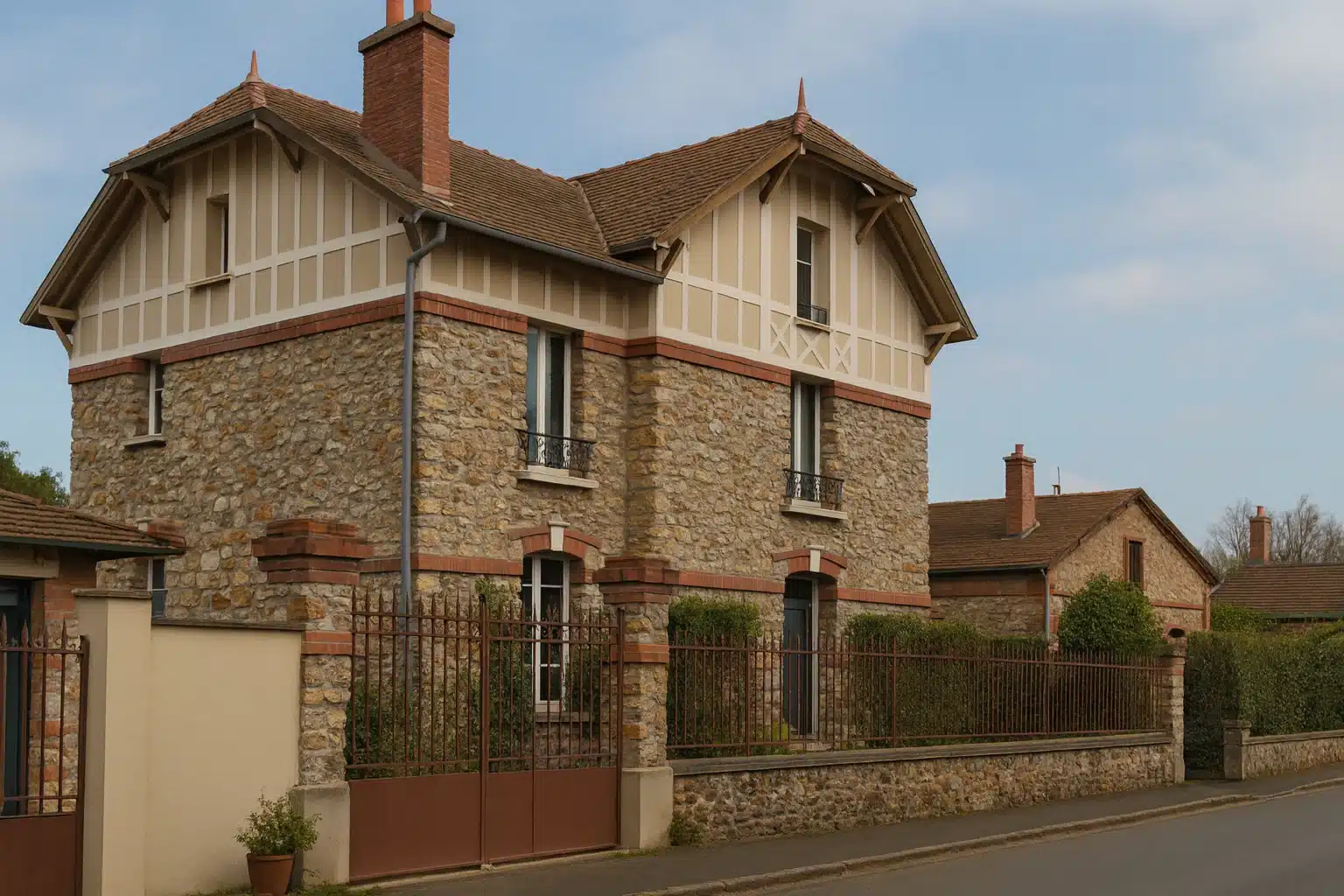 Grande maison en meulière dans une rue et une clôture