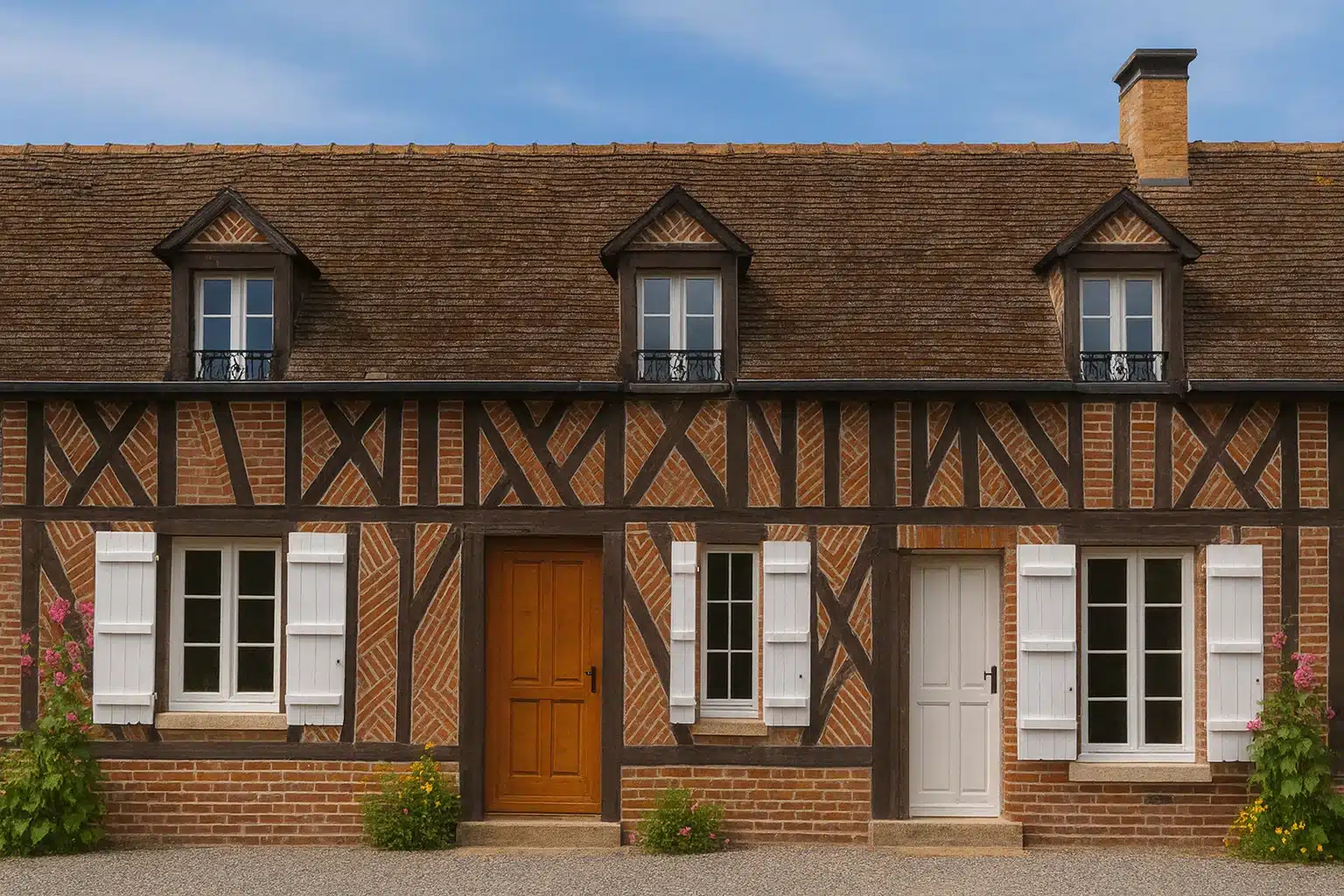Façade de maison picarde foncée avec des chevrons