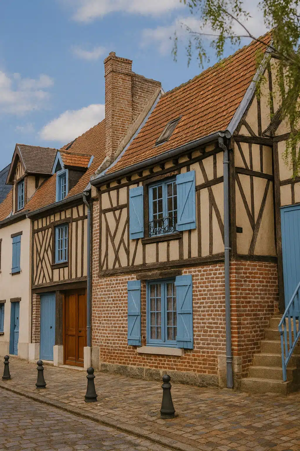 Maisons picardes dans une rue avec des volets bleus