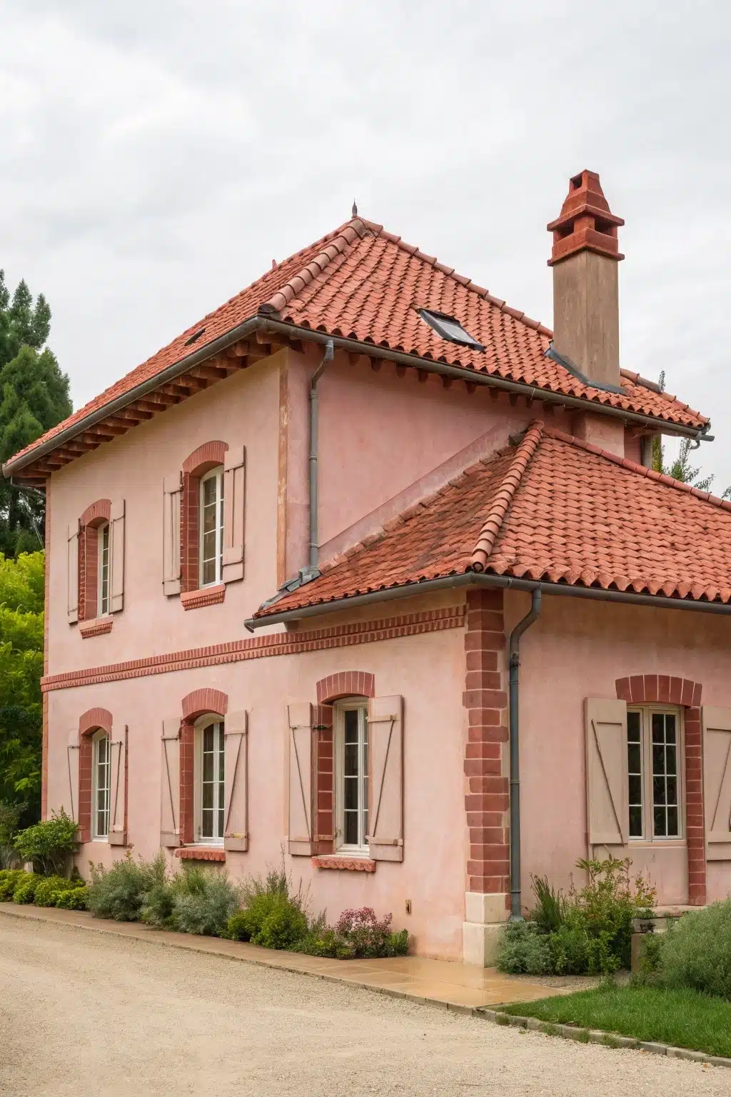 Maison toulousaine avec des pierres rosées et des tuiles canales