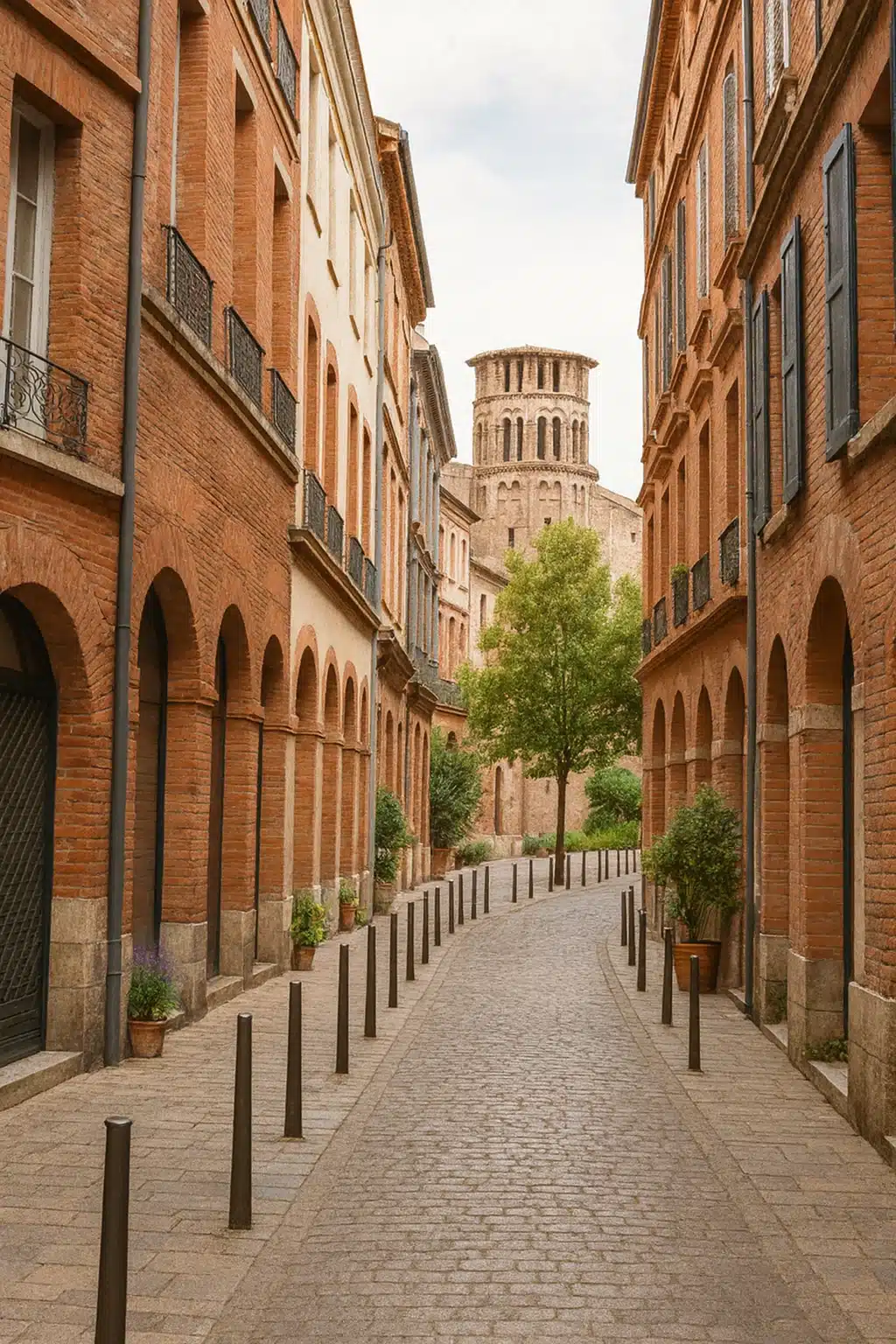 Rue avec des maisons toulousaines traditionnelles