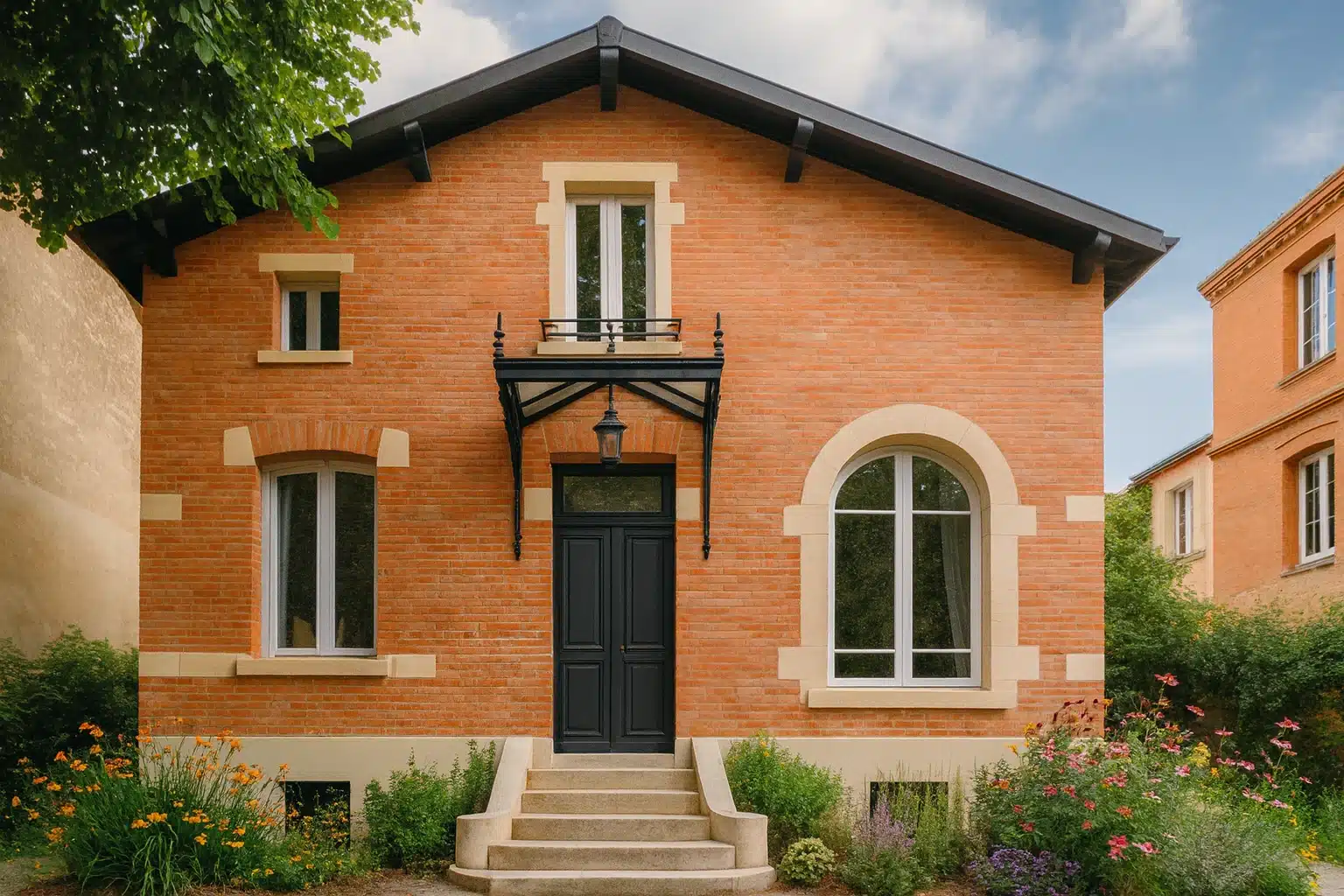 Façade d'une maison toulousaine avec des fenêtres originales