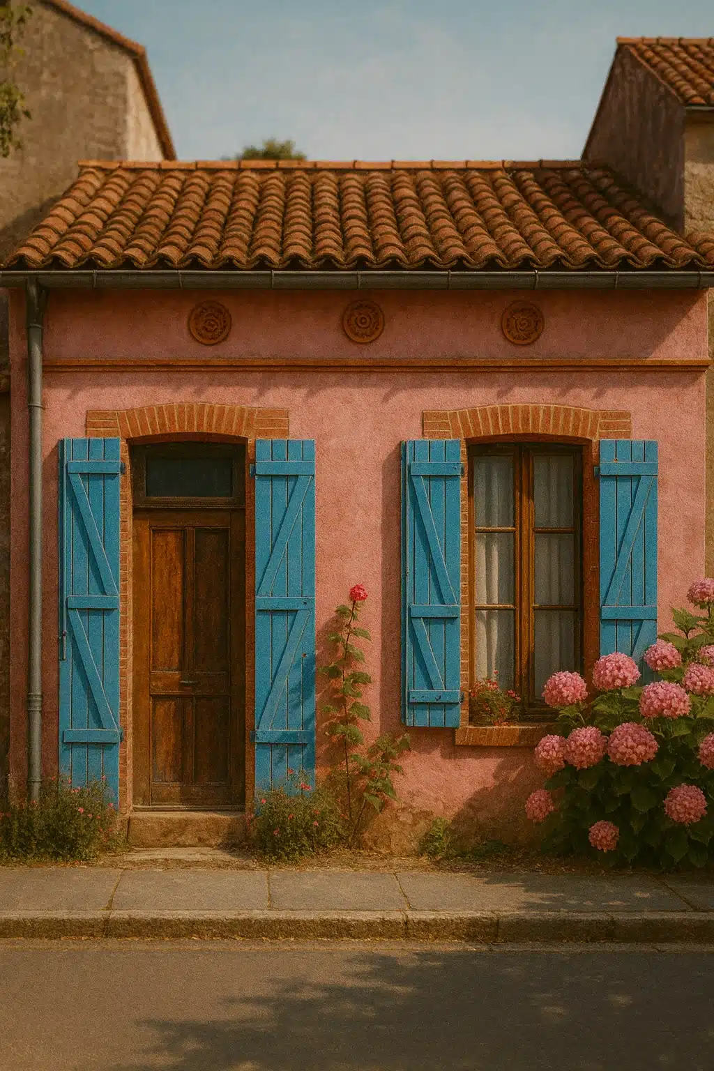 Façade d'une maison toulousaine avec des volets bleus