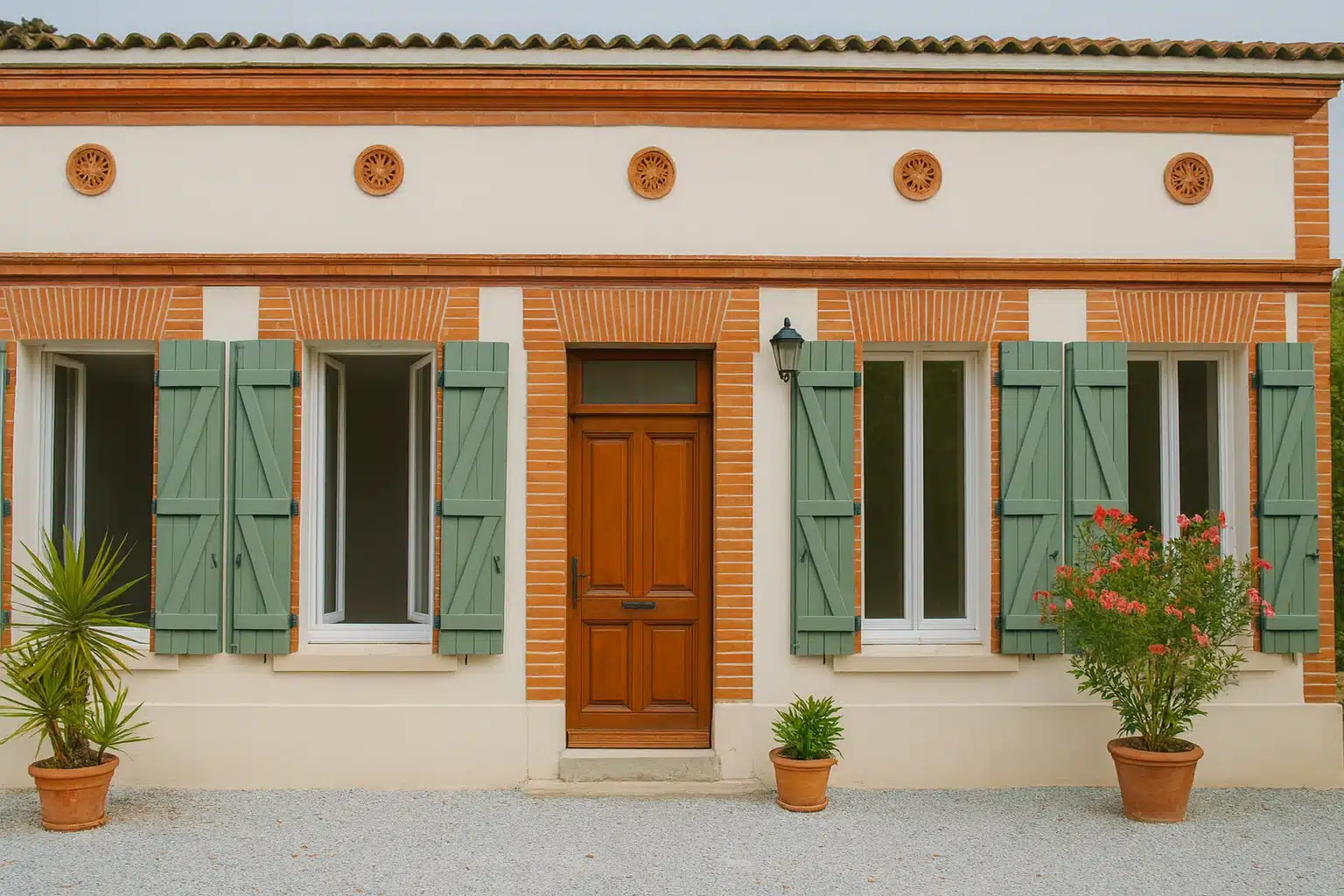 Devant d'une maison toulousaine avec des volets bleus et des plantes