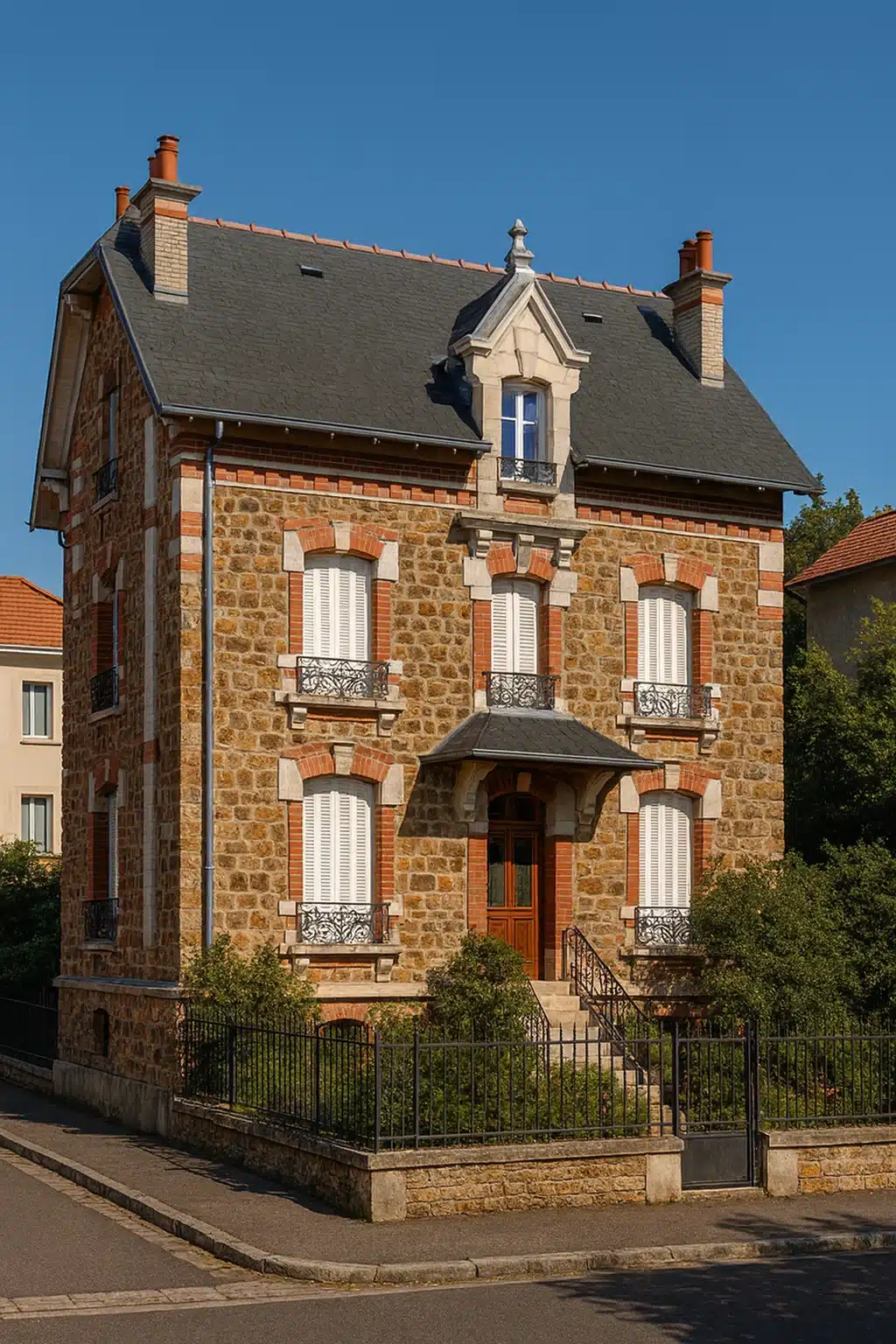 Une maison meulière avec des arbres