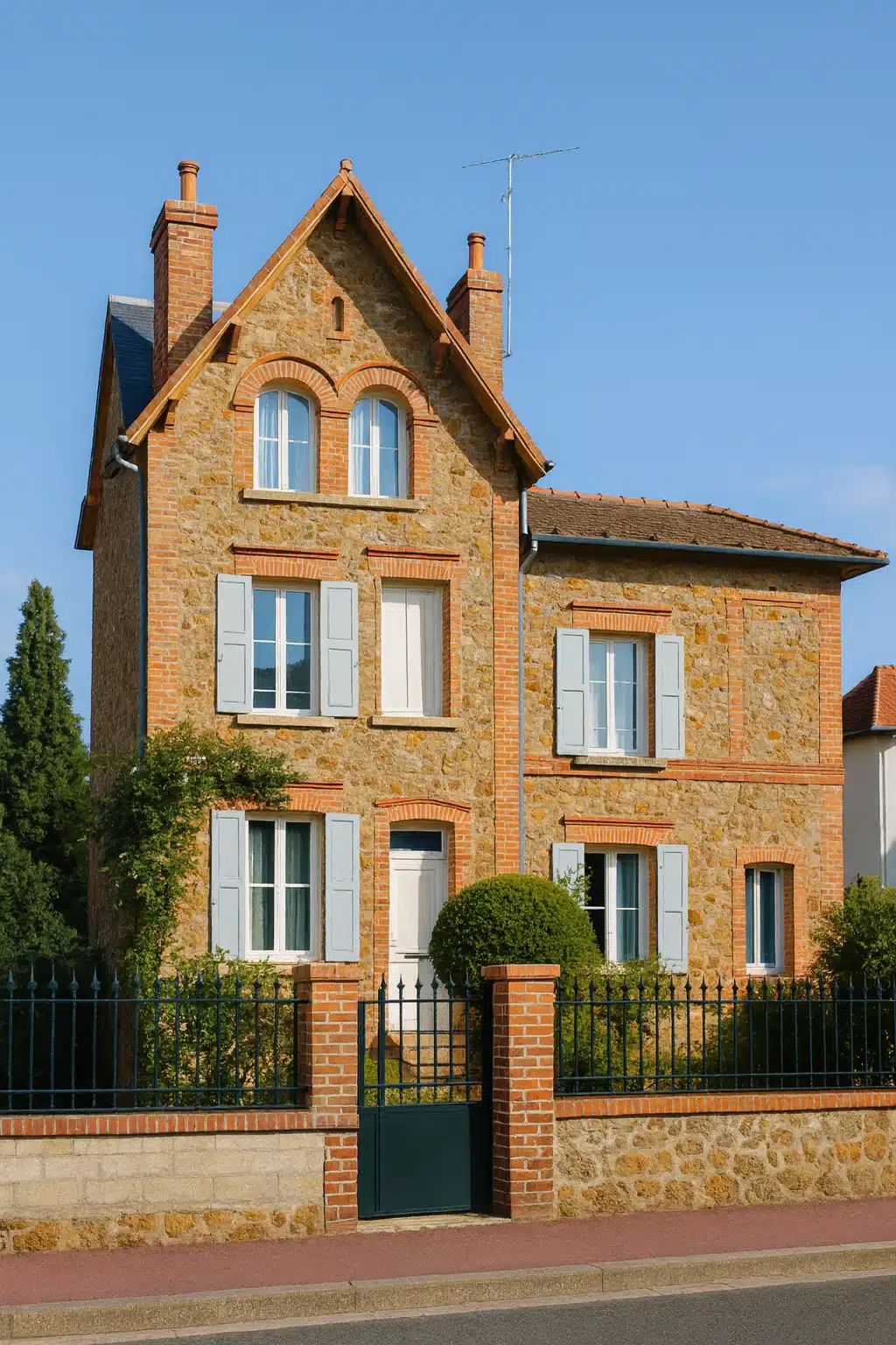 Maison meulière avec une clôture et des arbres