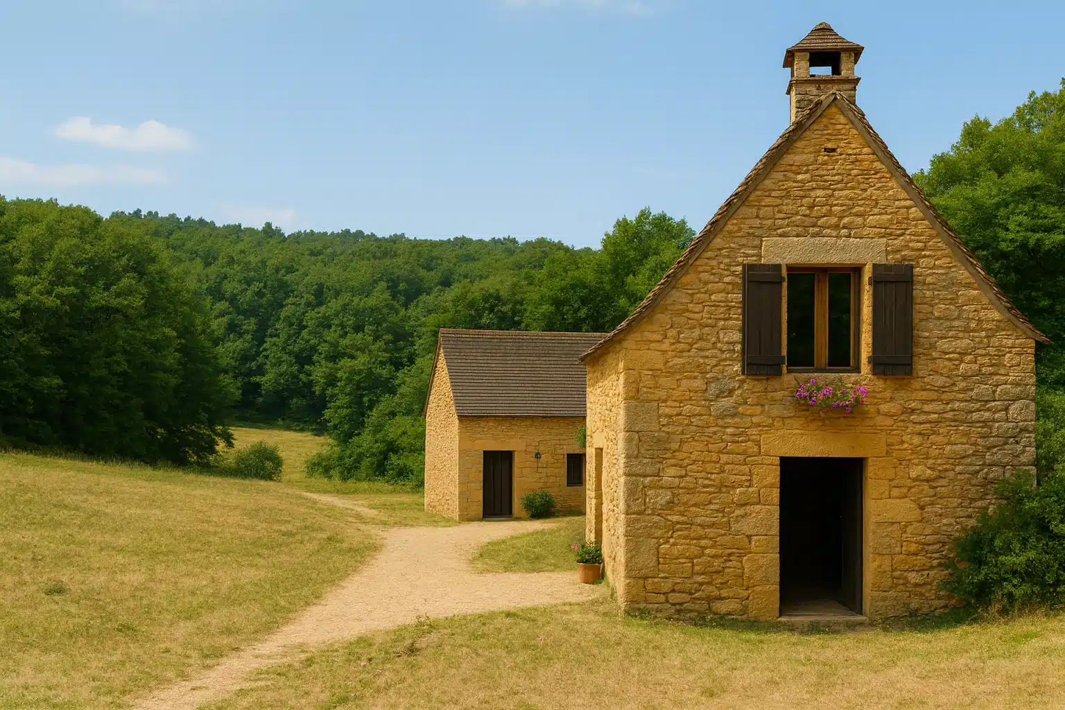 Une maison périgourdine en campagne avec sa dépendance en arrière-plan