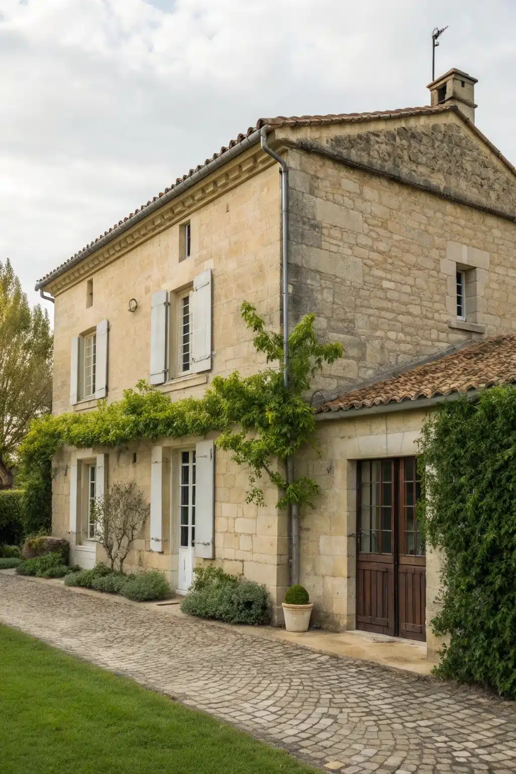 Photo d'une échoppe bordelaise avec un chemin devant et du lierre sur sa façade