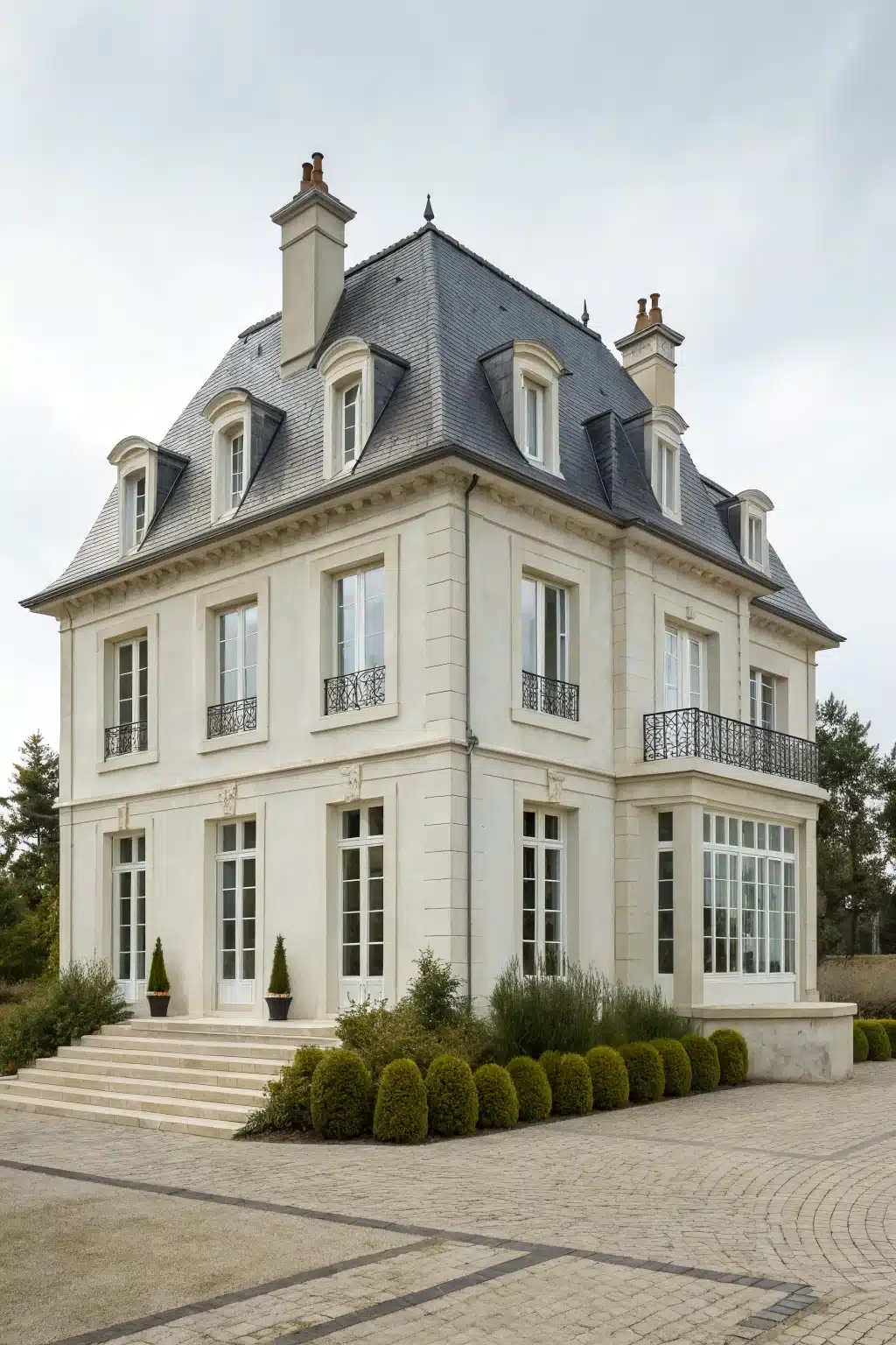 Vue d'une malouinière avec un escalier et une véranda sur le côté