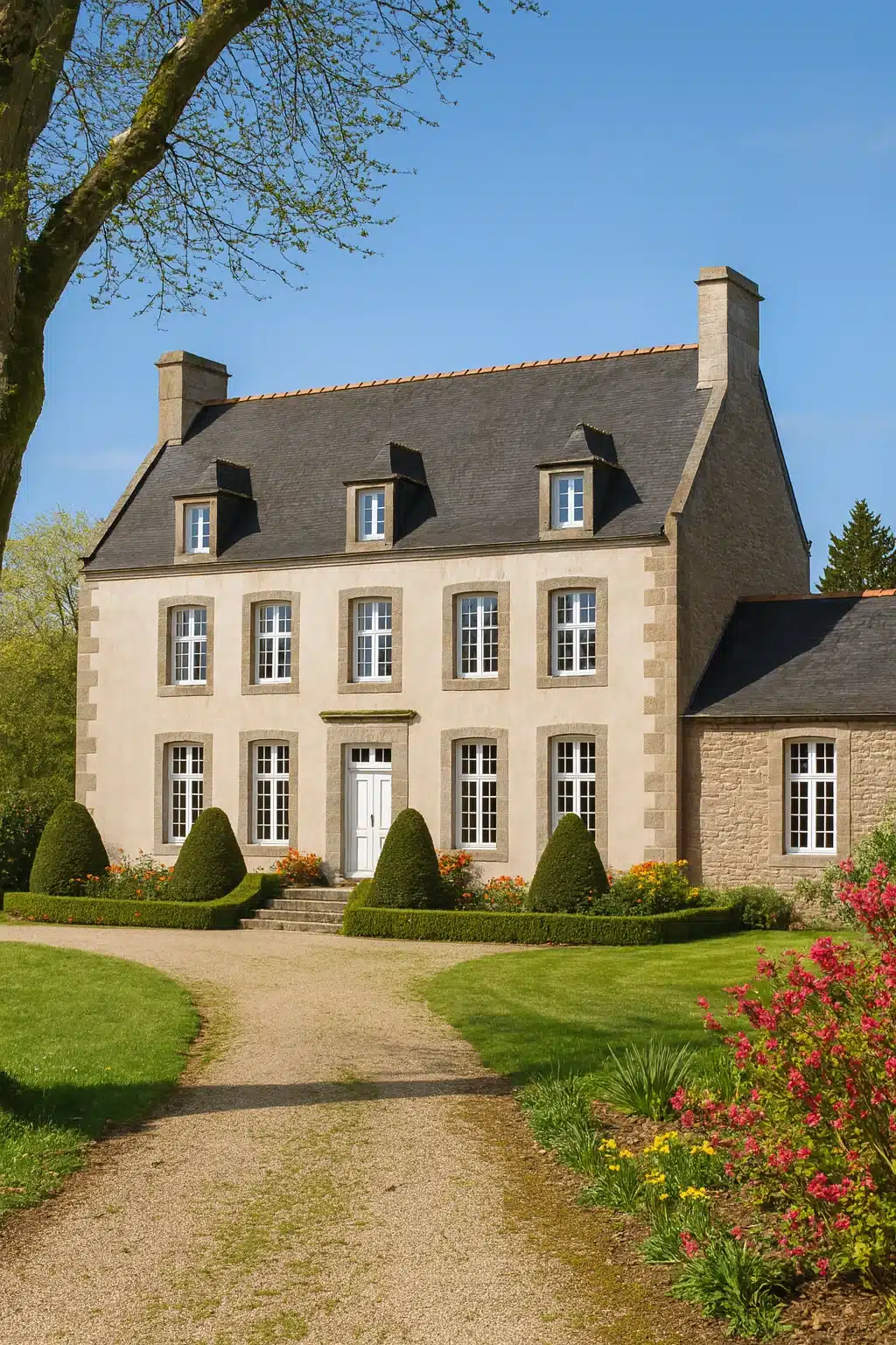 Malouinière avec des fleurs et des arbustes