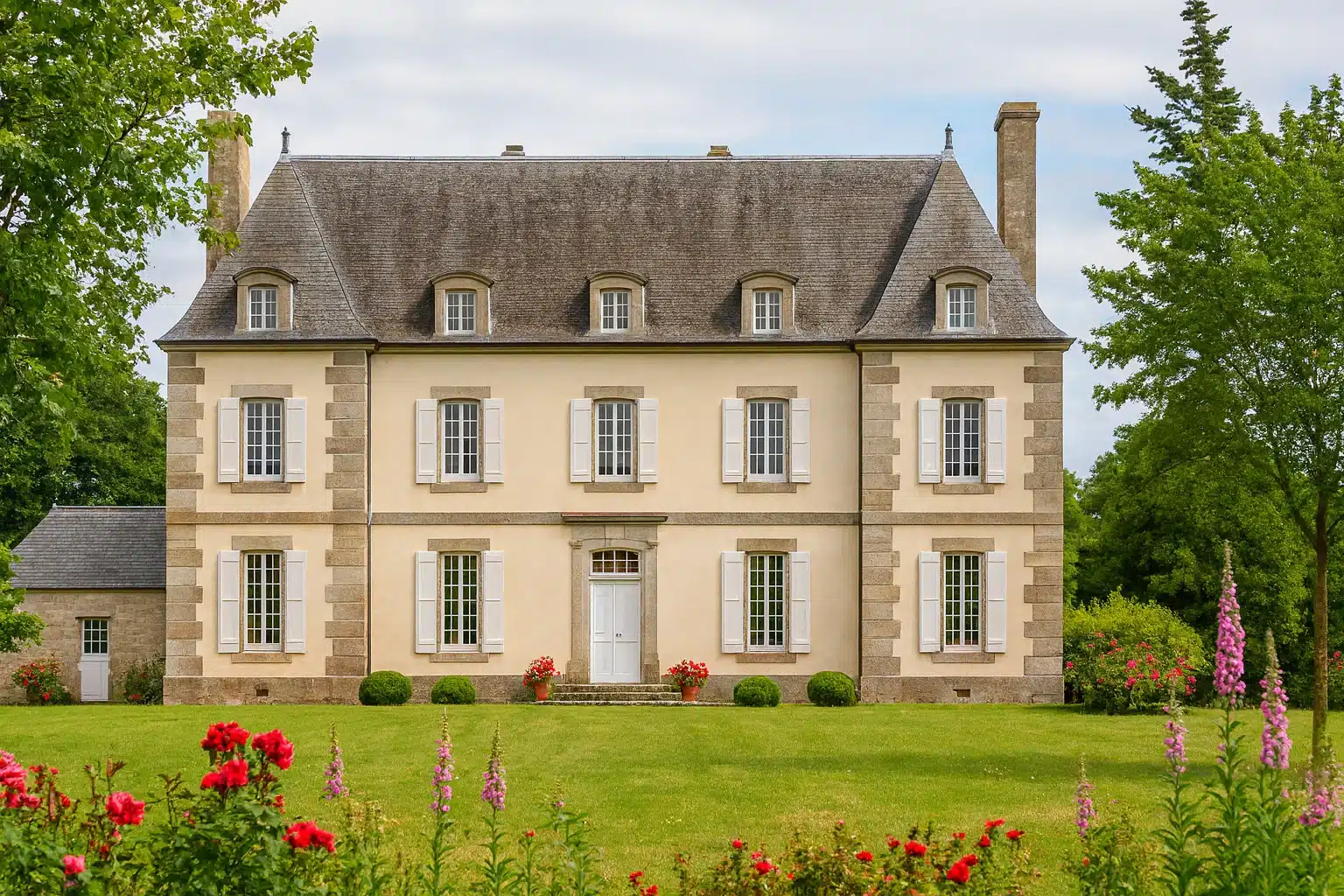 Vue de face d'une malouinière et son jardin