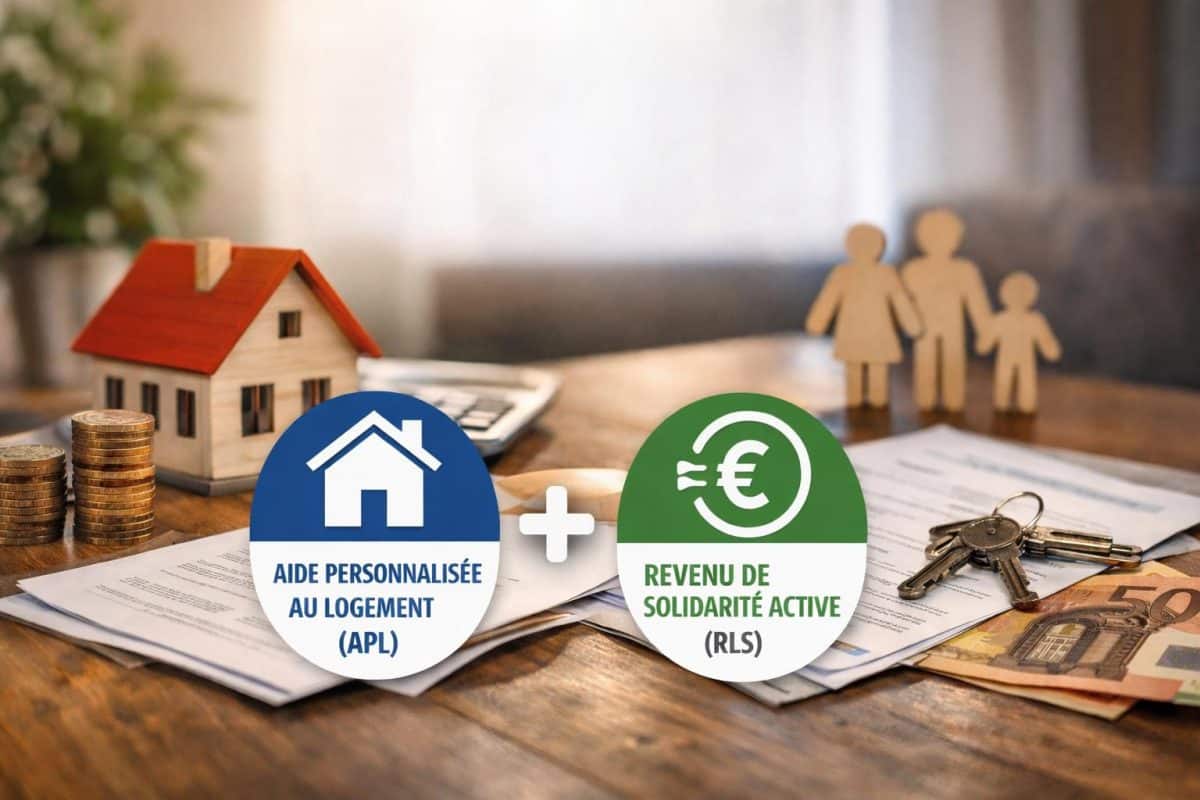 Illustration du cumul des aides APL et RLS, avec une maison miniature, des documents administratifs et une famille en figures de bois