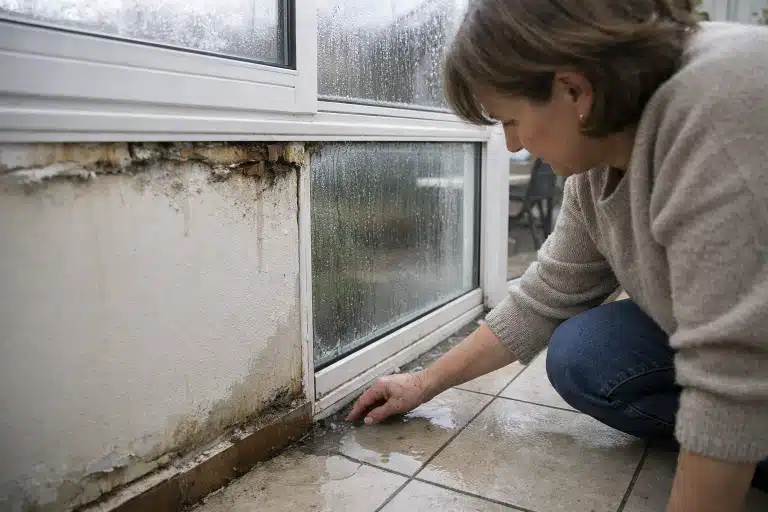 Dégâts des eaux près d'une fenêtre, femme inspectant la moisissure.