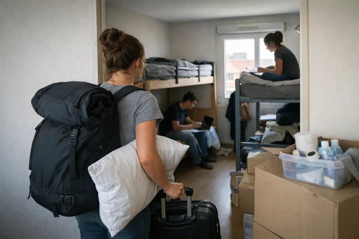 Femme portant un sac à dos et un oreiller dans une chambre partagée.