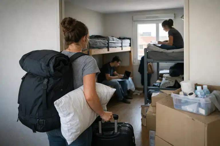 Femme portant un sac à dos et un oreiller dans une chambre partagée.