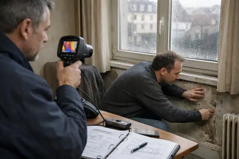 Technicien inspectant une fenêtre à l'aide d'une caméra thermique
