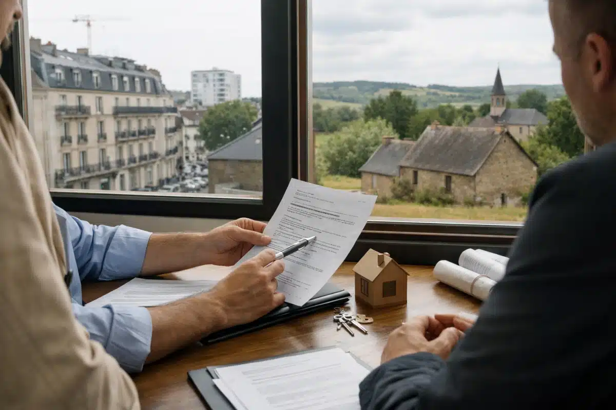 Deux personnes examinant un contrat immobilier avec maquette