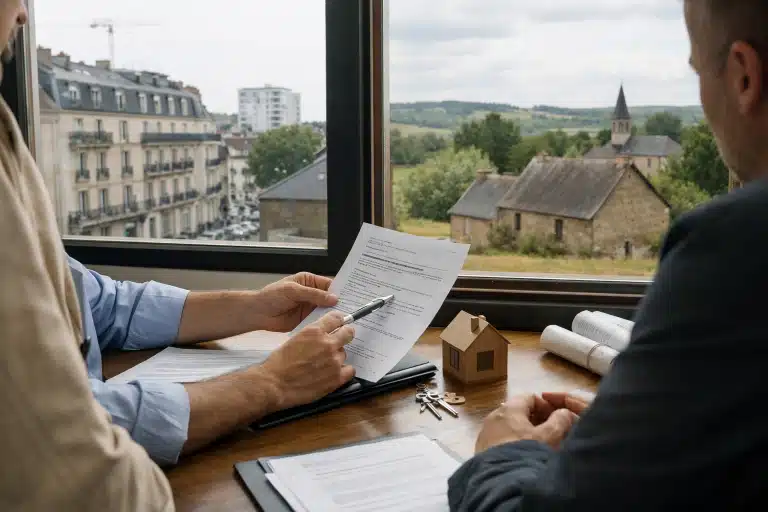 Deux personnes examinant un contrat immobilier avec maquette
