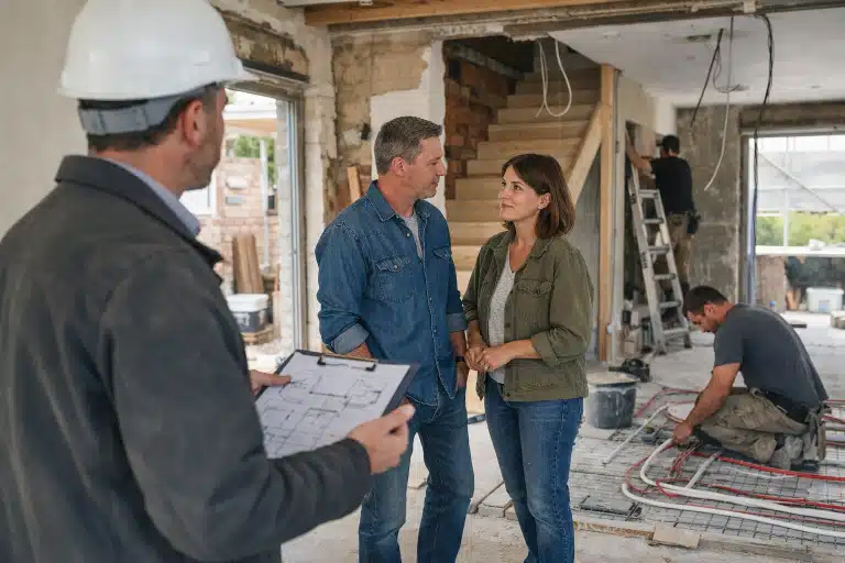 Couple discutant des travaux de rénovation avec un artisan