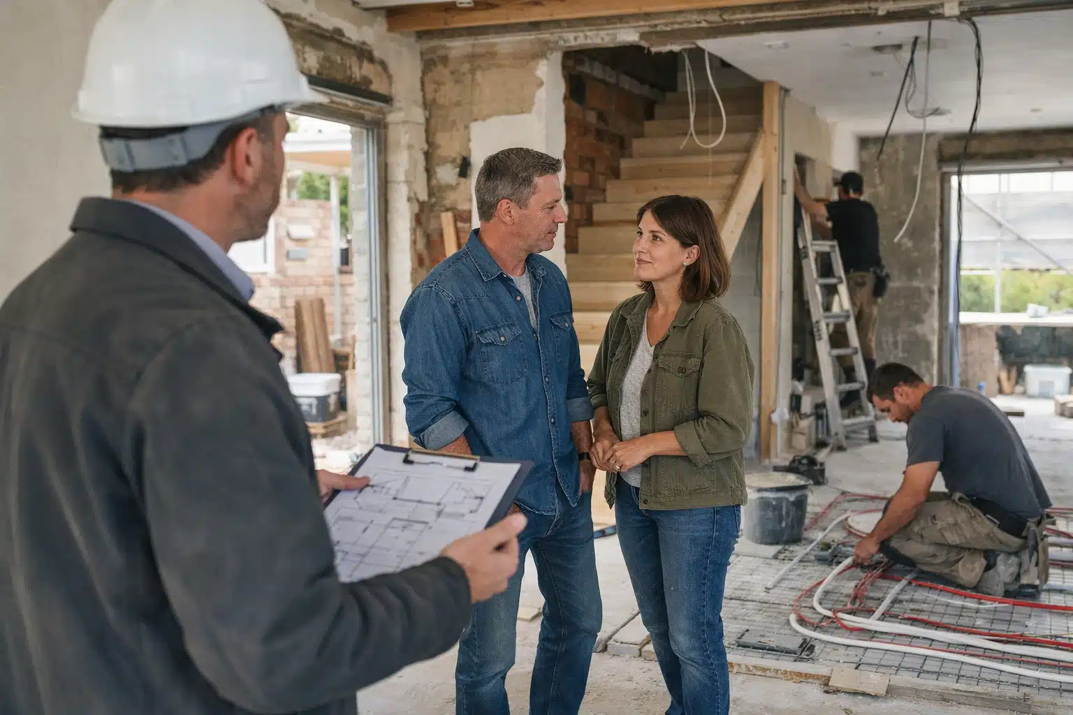 Couple discutant des travaux de rénovation avec un artisan