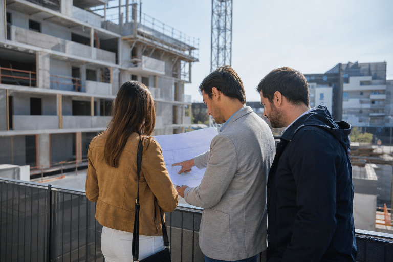 Trois personnes consultent des plans sur le chantier