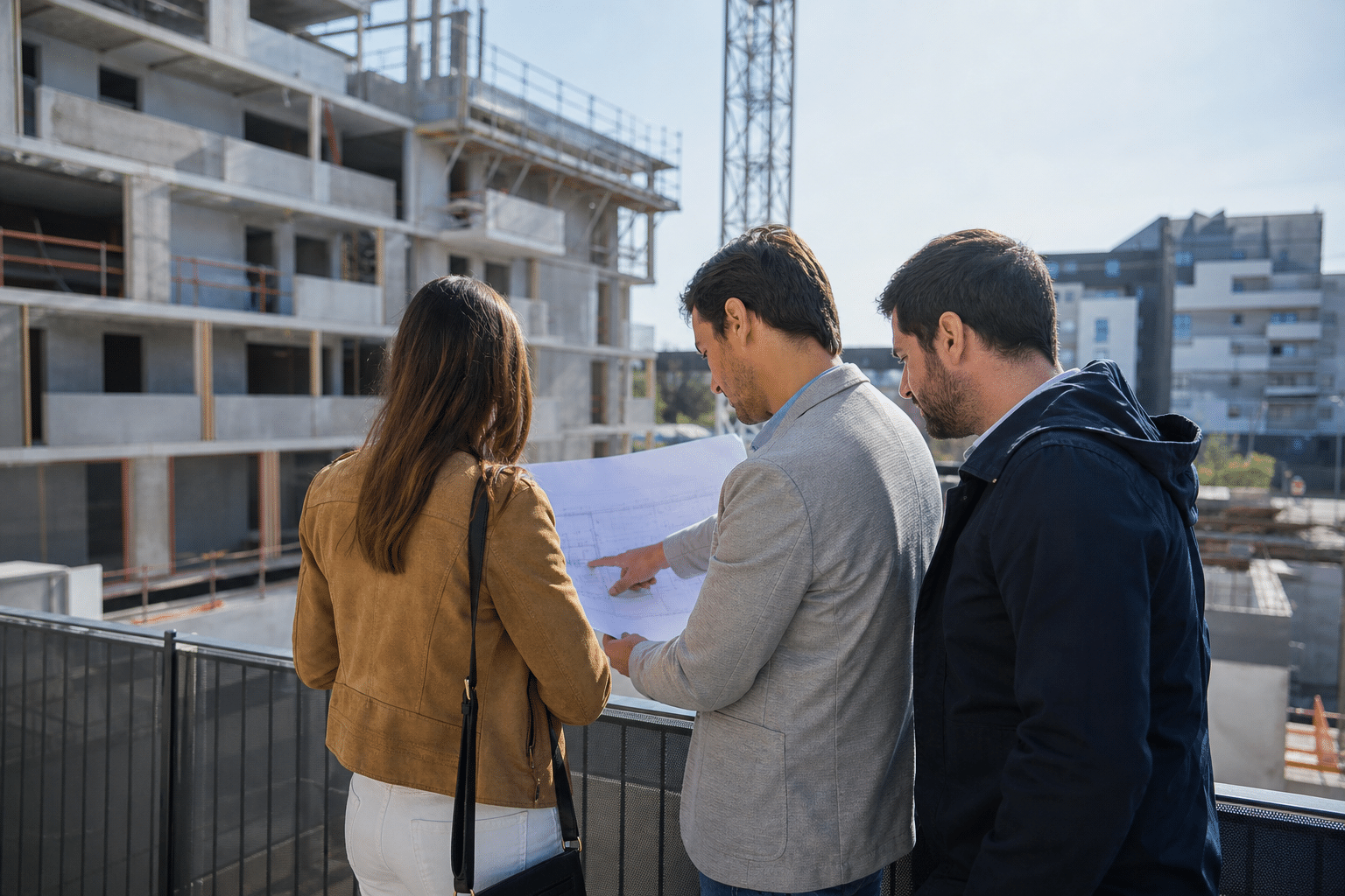 Trois personnes consultent des plans sur le chantier