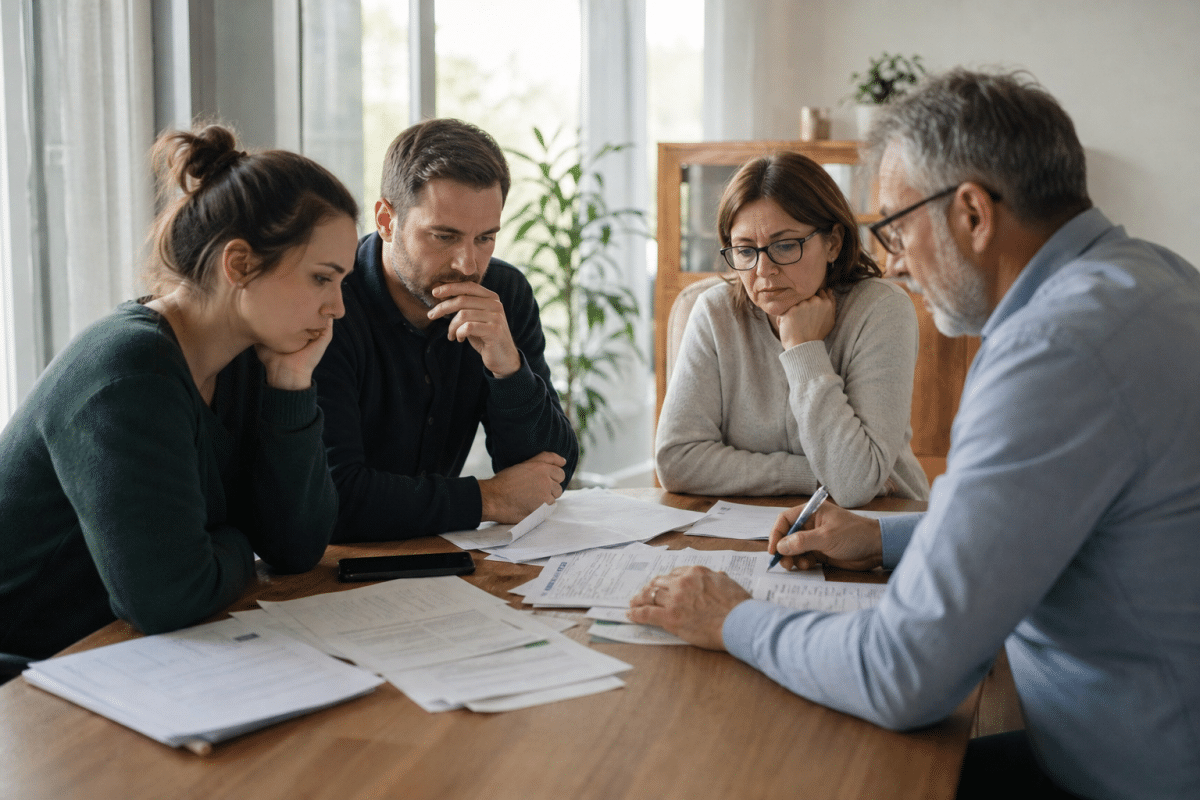 Quatre collègues examinant des documents autour d'une table