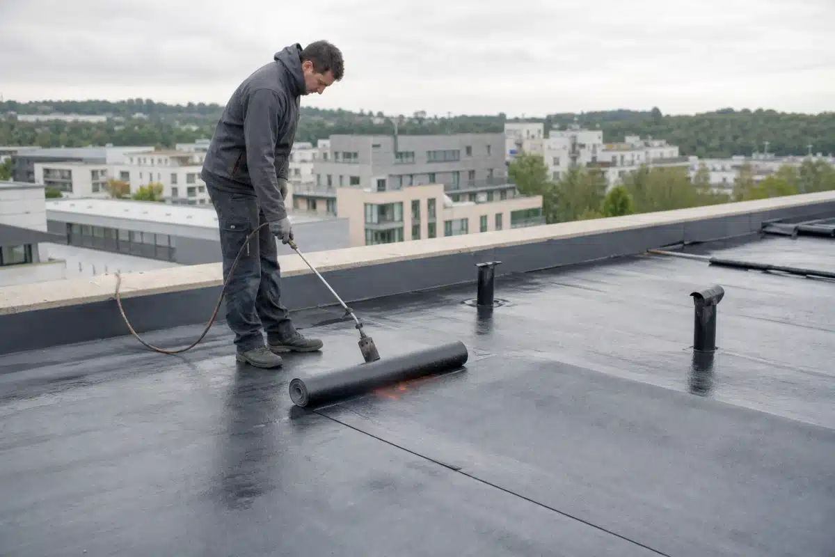 Ouvrier soudant une membrane d'étanchéité sur toit plat