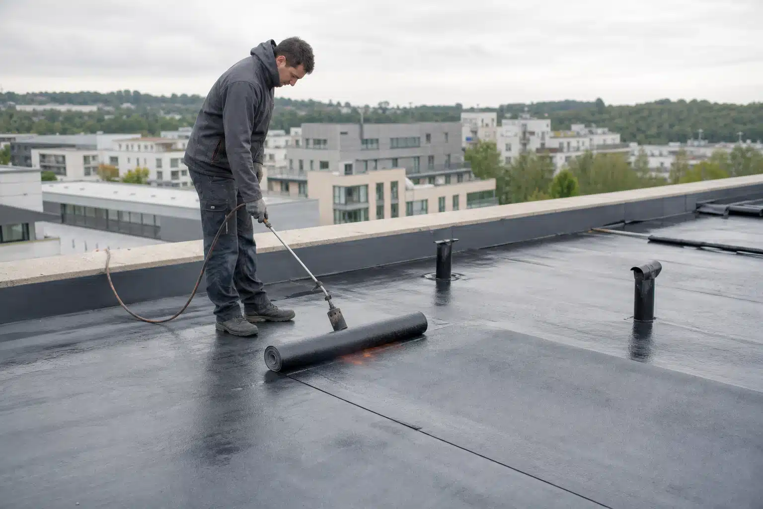 Ouvrier soudant une membrane d'étanchéité sur toit plat