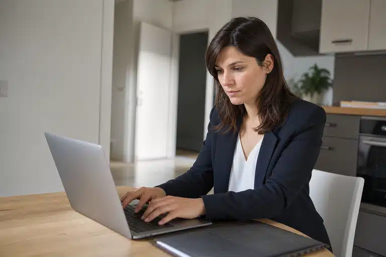 Femme concentrée tapant sur ordinateur portable