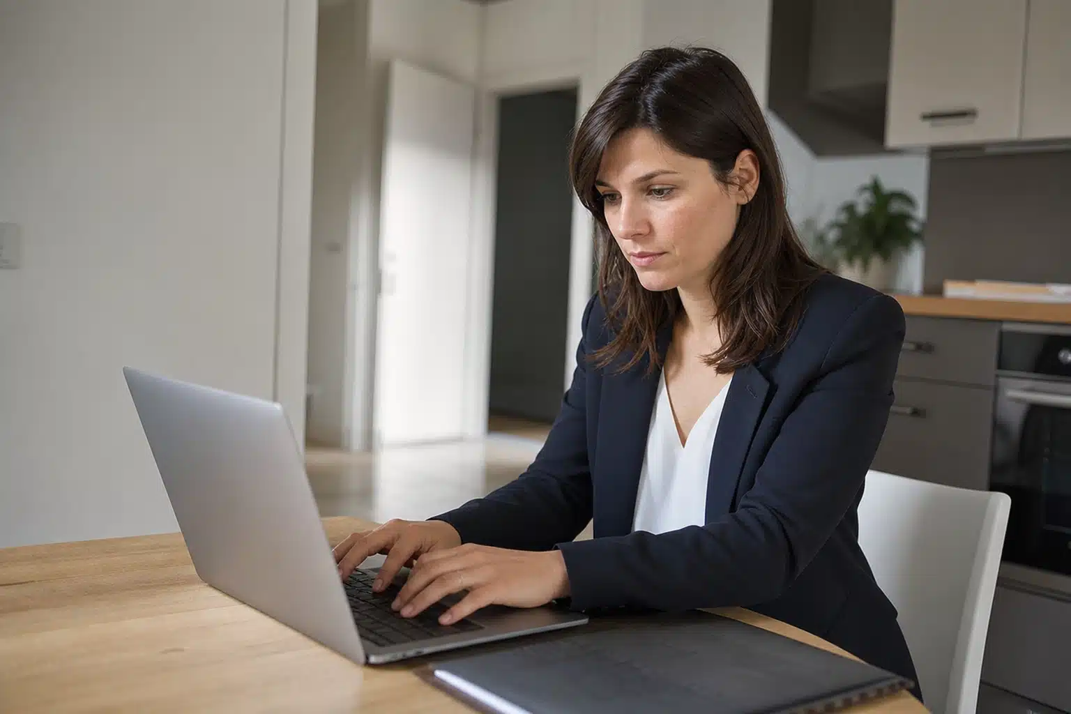 Femme concentrée tapant sur ordinateur portable